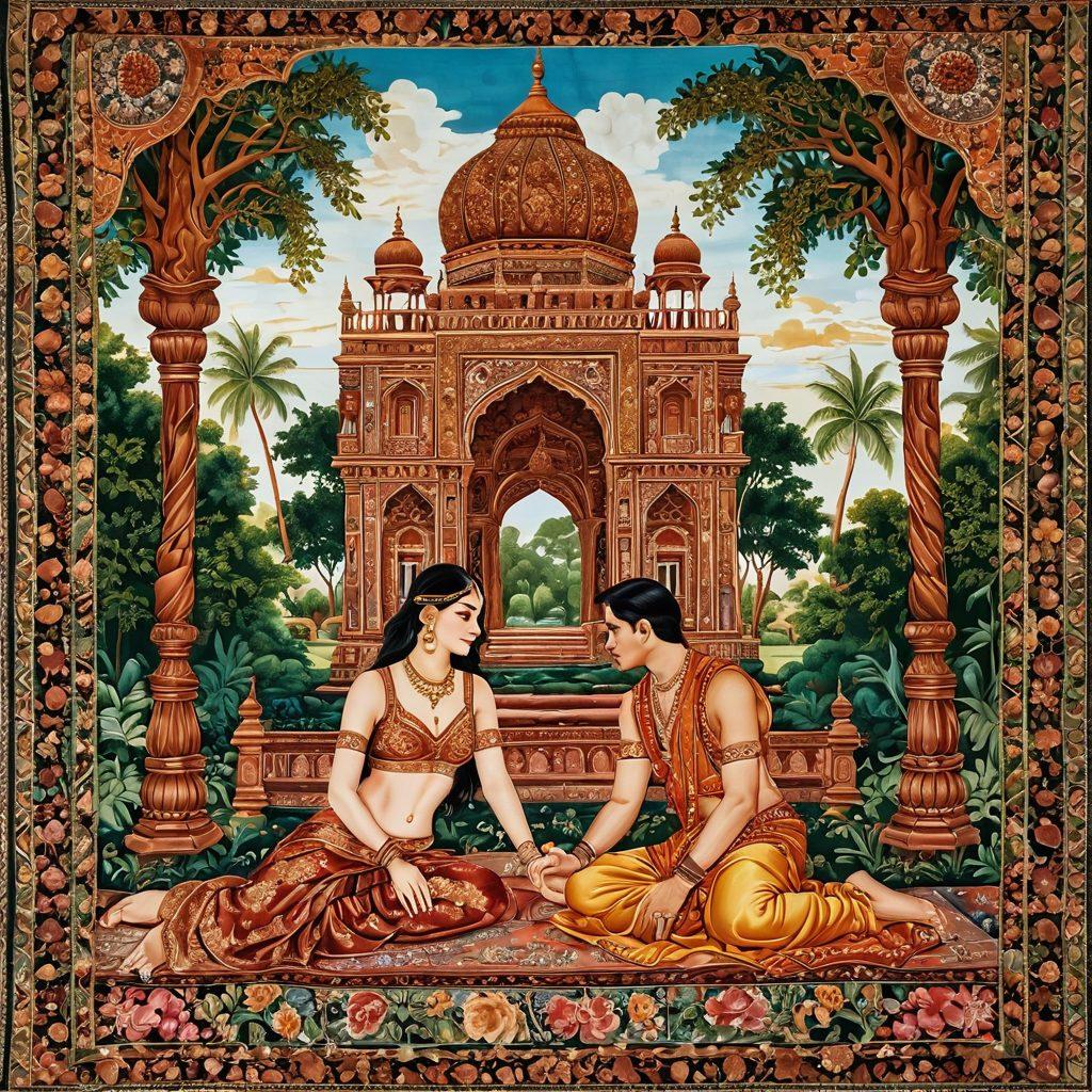 An intricate tapestry illustrating diverse scenes of India's rich erotic storytelling, featuring vibrant traditional characters, sensuous landscapes, and symbolic motifs representing love and desire. The backdrop showcases historic architecture and lush flora, while warm colors evoke a sense of intimacy and allure. Super-realistic. Vibrant colors. Intricate details.