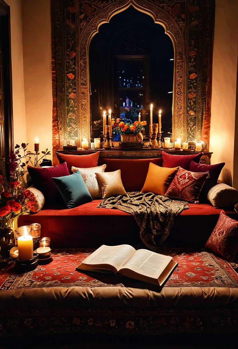 A luxurious, intimate setting, featuring a cozy reading nook adorned with rich textiles and soft lighting, where an open book lies on a plush velvet cushion, surrounded by delicate flowers and candles. In the background, hints of Indian culture with intricate patterns and colors, creating an atmosphere of sensuality and storytelling. super-realistic. warm tones. delicate details.